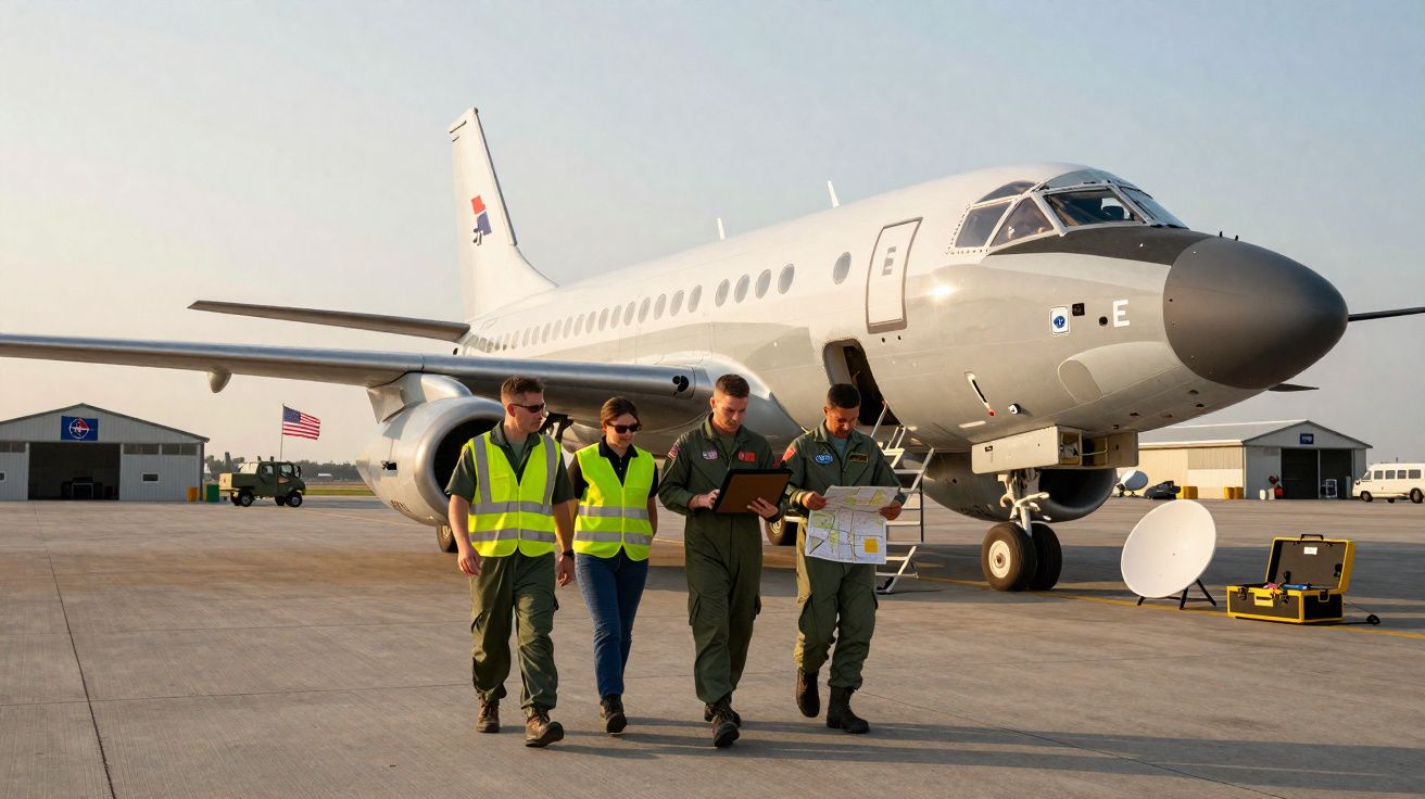 Quatro técnicos em uniforme e coletes reflectores junto a um avião estacionado no aeroporto ao pôr do sol.