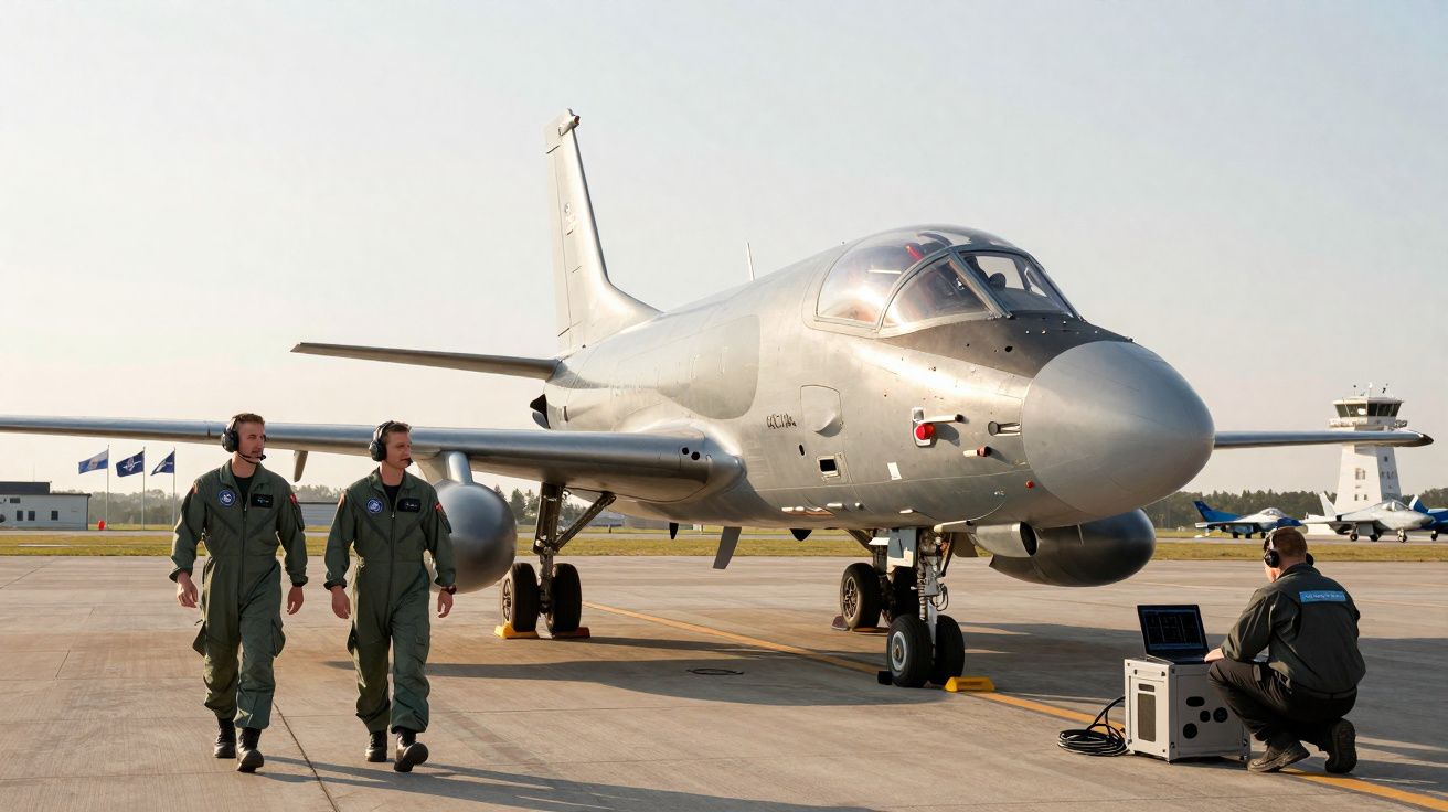 Aeronave militar estacionada numa pista com duas pessoas a caminhar e uma sentada a operar equipamento.