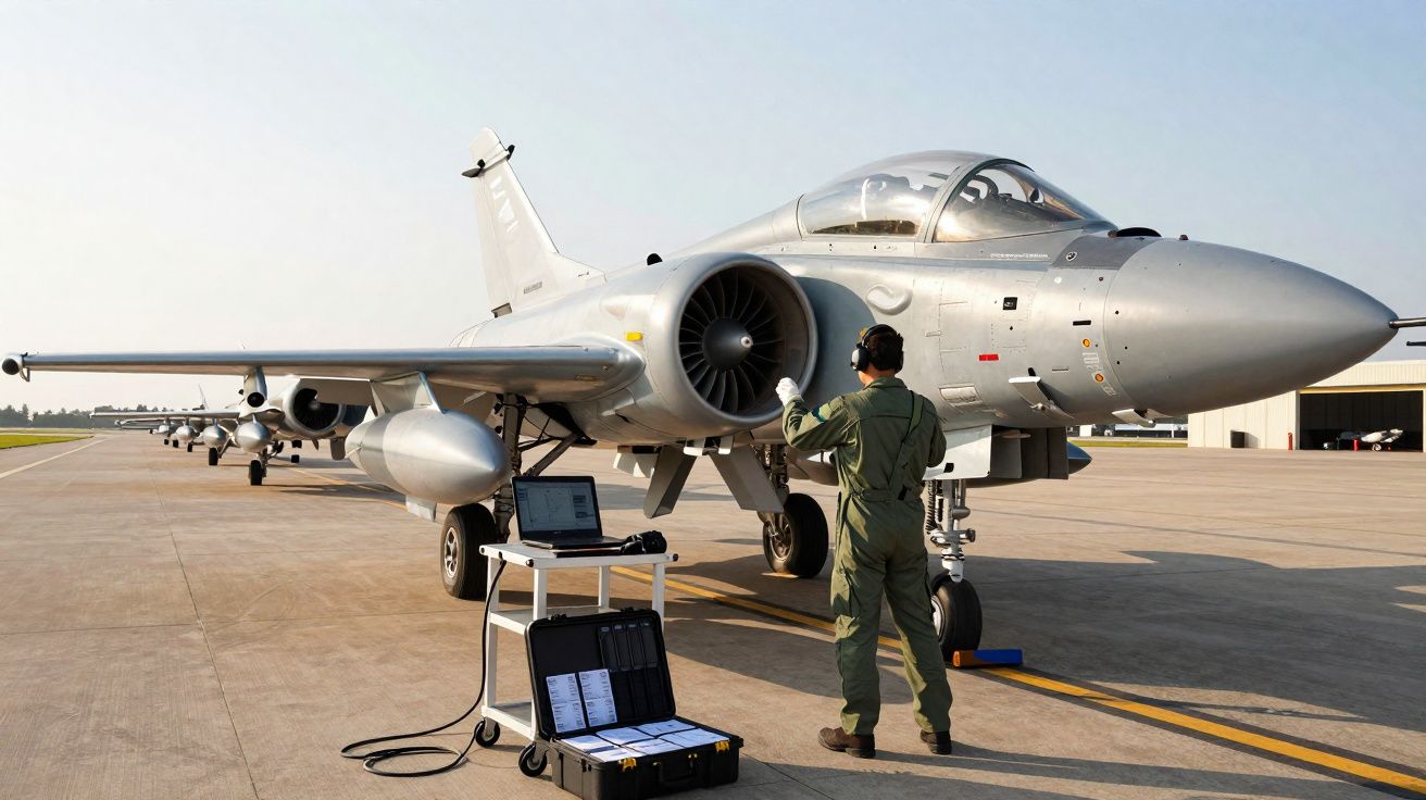 Militar inspeciona avião de caça cinzento estacionado numa pista de aeroporto em dia ensolarado.