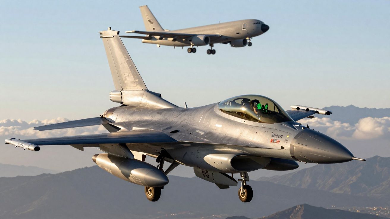 Dois aviões militares em voo, um caça à frente e um avião de transporte ao fundo sobre montanhas.