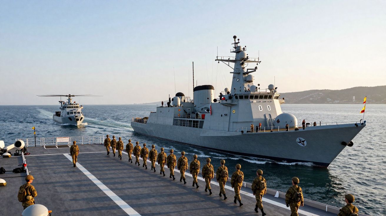 Soldados em fila caminham no convés de um navio de guerra próximo a outro navio e um helicóptero no mar.