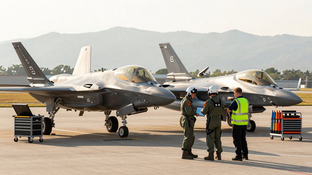 Dois jatos militares estacionados num aeroporto com três técnicos em conversa junto das aeronaves.