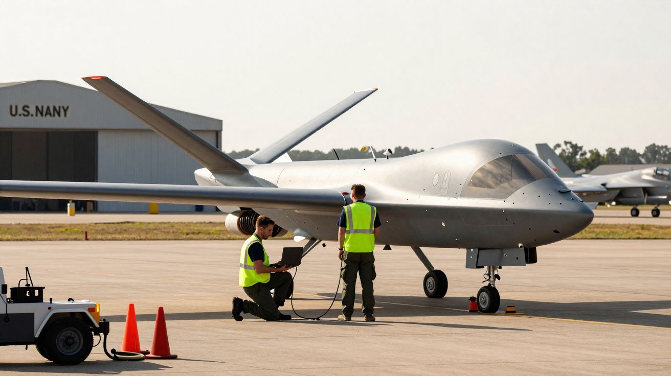 Dois técnicos com coletes refletivos trabalham num avião não tripulado cinzento numa pista de aeroporto militar.