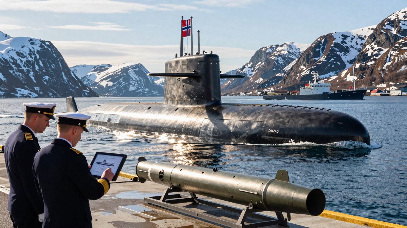 Dois oficiais em uniforme perto de um torpedo no cais, com um submarino norueguês e montanhas nevadas ao fundo.