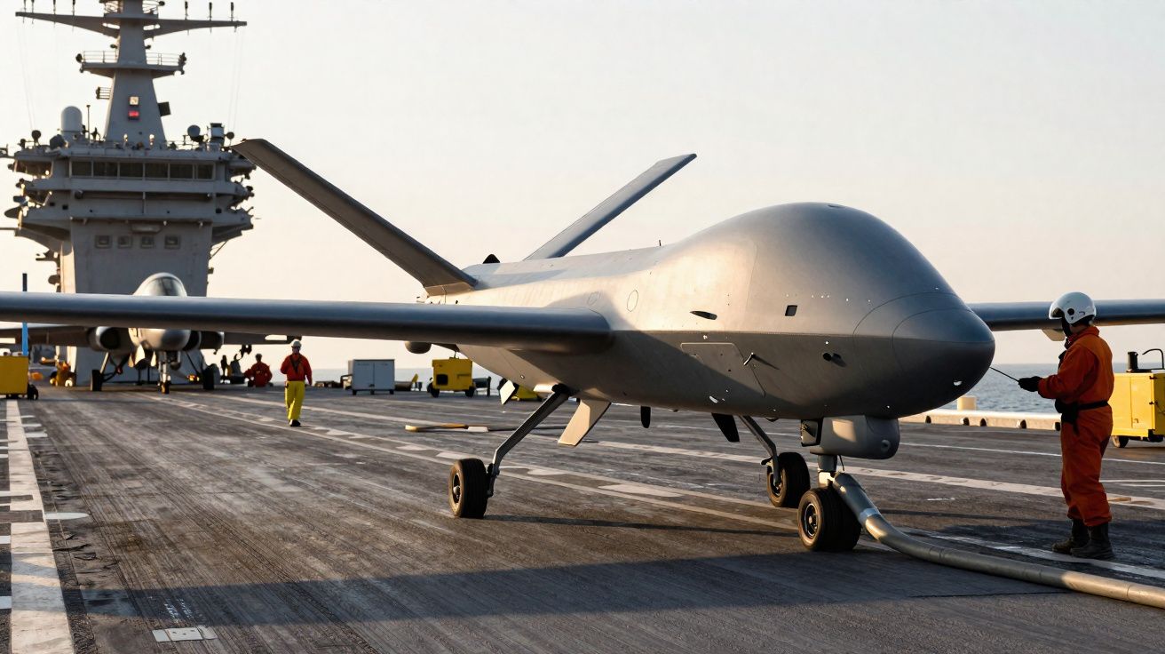 Drone militar cinzento no convés de um porta-aviões com tripulante em fato de proteção laranja.