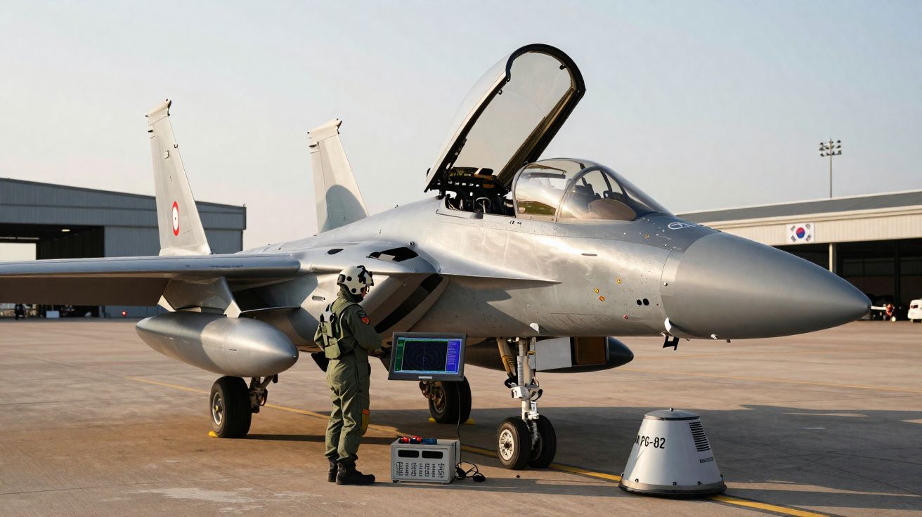 Caça militar estacionado em pista com piloto e equipamentos de controlo ligados na área do motor.
