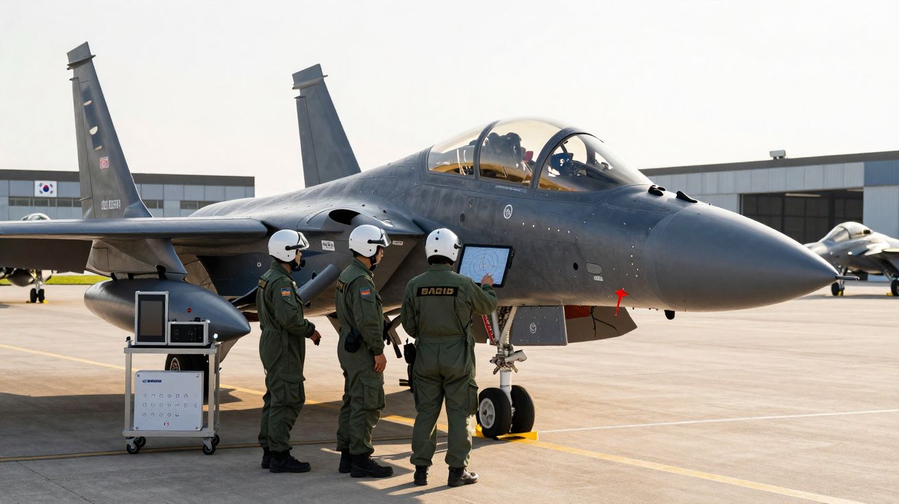 Militares em equipamento de voo analisam um painel junto a um caça estacionado numa pista de aeroporto.