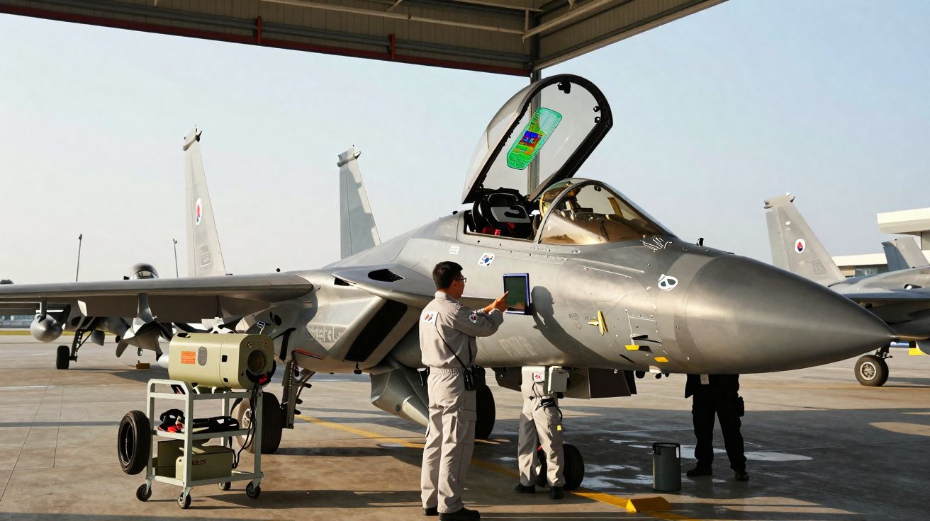 Caça militar cinzento estacionado em hangar com técnicos a realizar inspeção e manutenção.