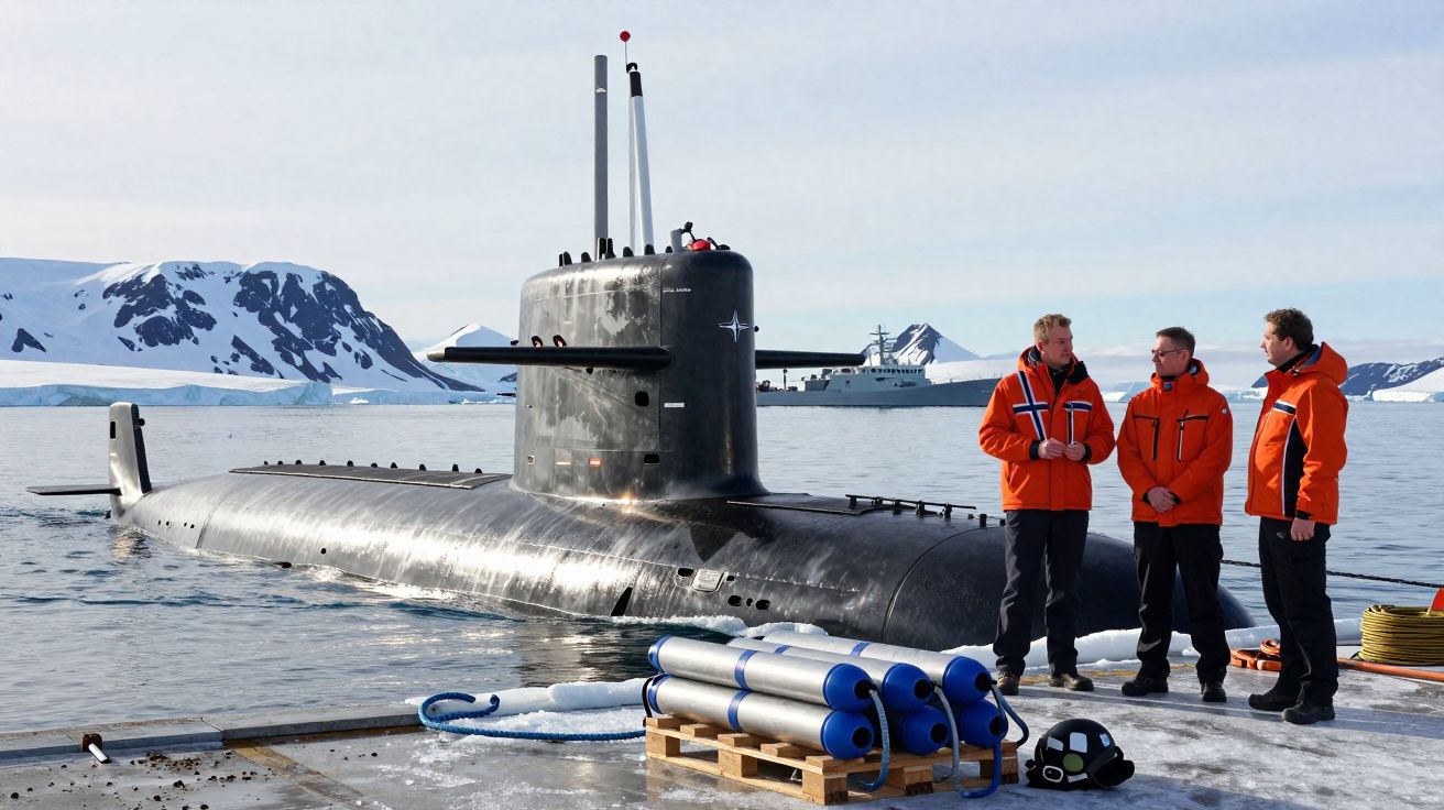 Submarino preto ao lado de cais com três homens de casacos laranja em ambiente gelado e montanhas nevadas.