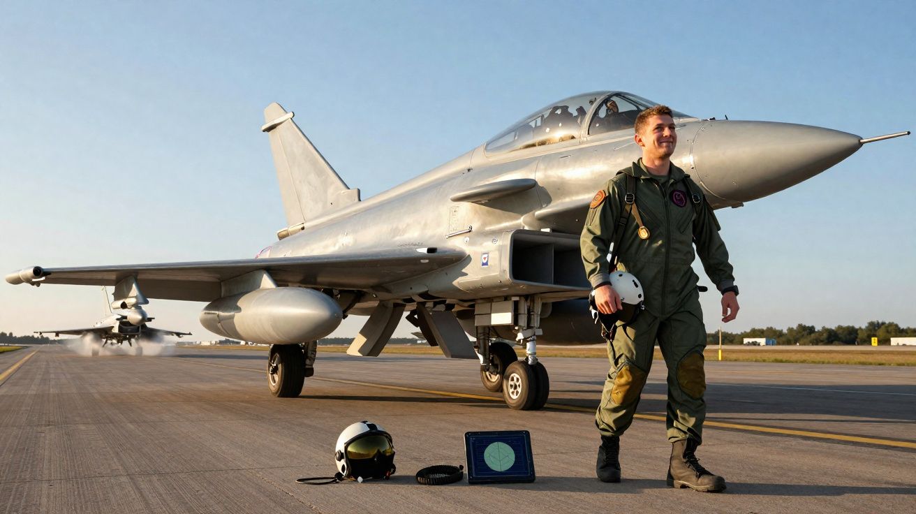 Piloto militar sorridente junto a caça militar estacionado numa pista de voo ao pôr do sol.