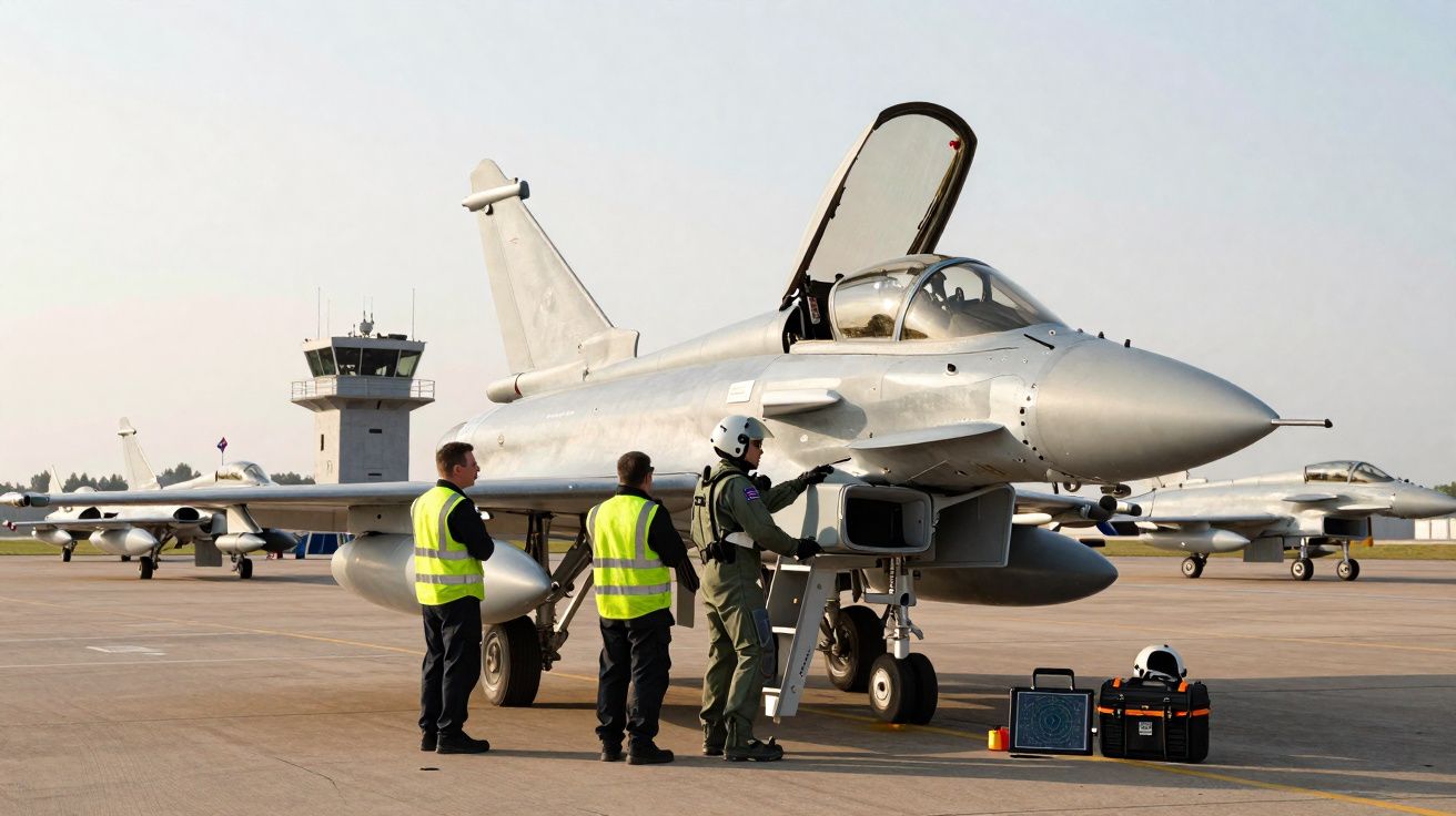 Caça militar estacionado em pista com tripulante e dois técnicos a preparar voo, torre de controlo ao fundo.