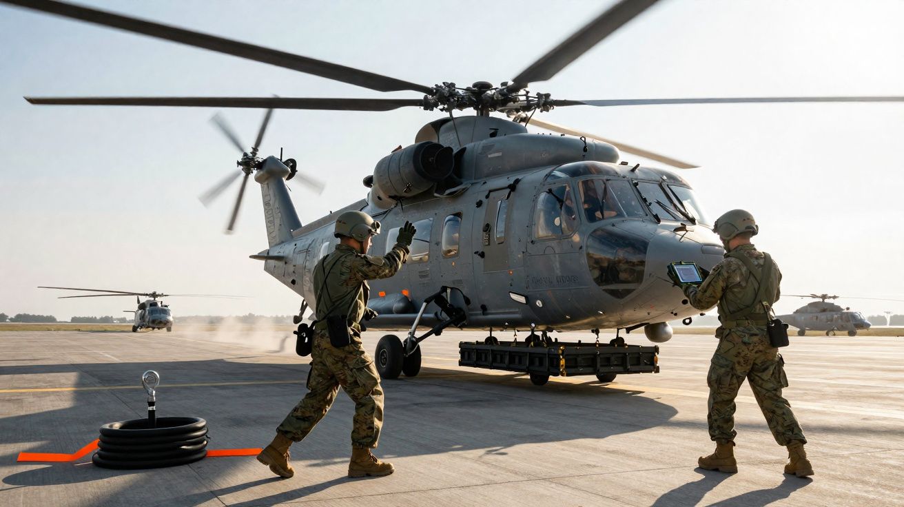 Helicóptero militar a operar numa base aérea com dois soldados a coordenar o voo na pista.