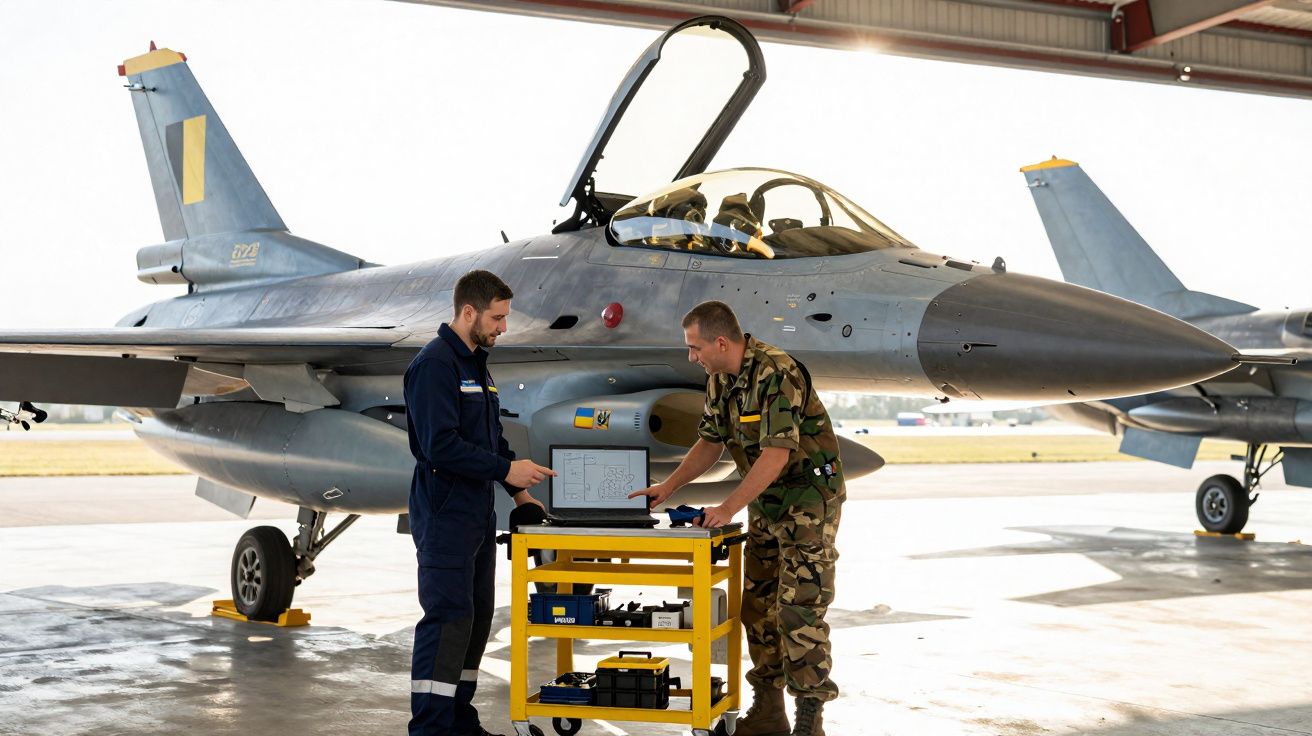 Dois militares a analisar dados num portátil junto a um caça estacionado numa base aérea coberta.