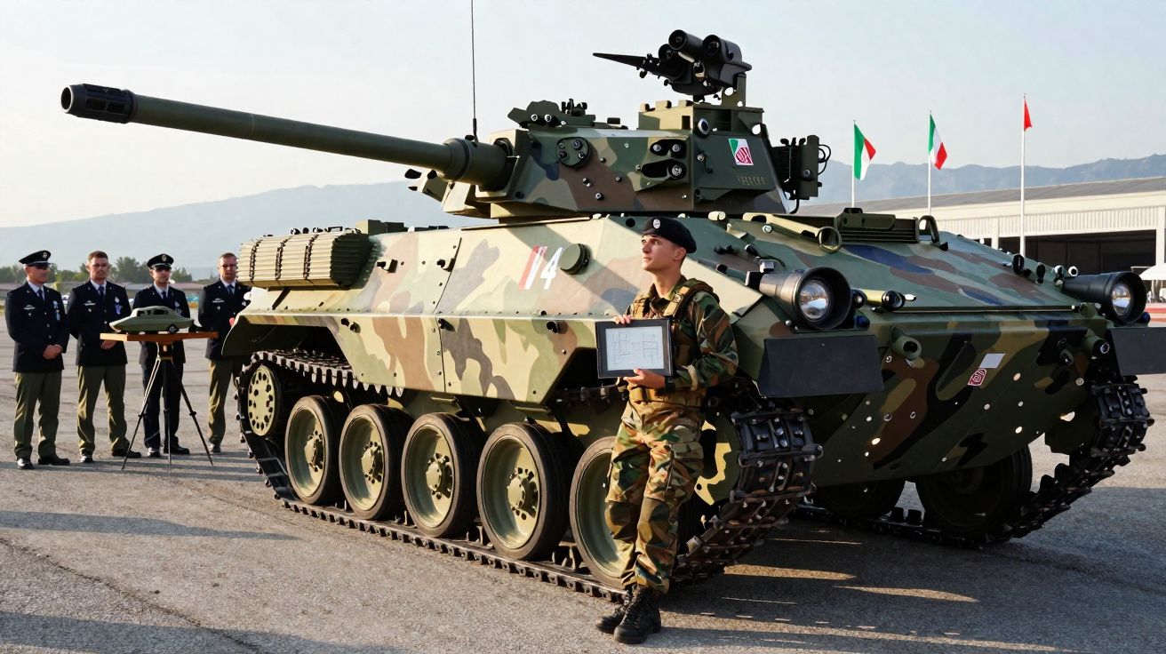 Soldado em uniforme camuflado encostado a veículo militar blindado com canhão, outros militares ao fundo.