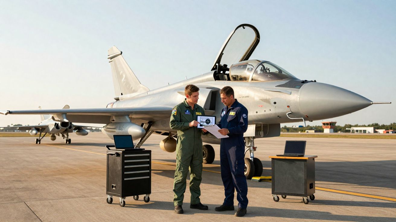 Dois pilotos militares em uniforme verde e azul junto a um caça cinzento numa pista de aeroporto.