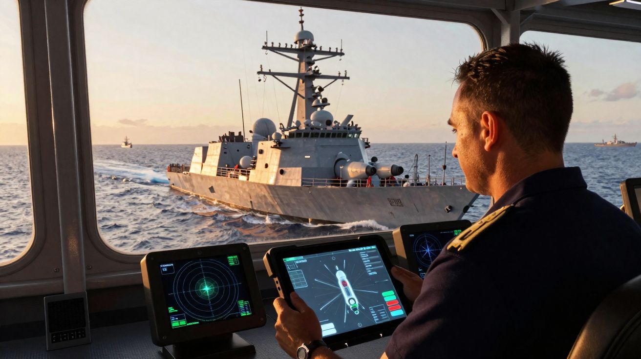 Marinheiro militar a operar sistemas de controlo numa embarcação com navio de guerra no mar ao fundo.
