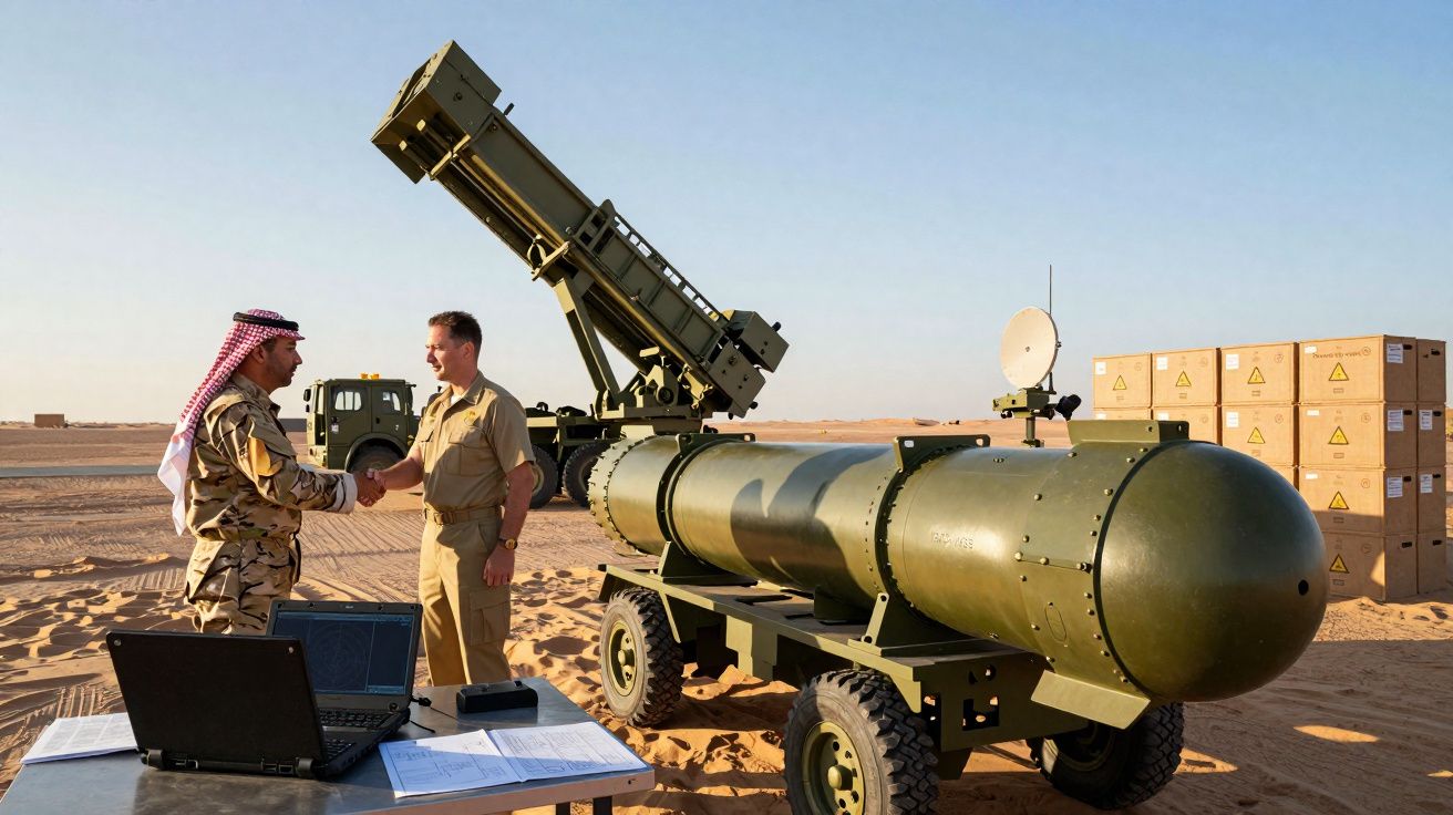 Dois soldados a cumprimentarem-se junto a equipamento militar pesado no deserto ao entardecer.