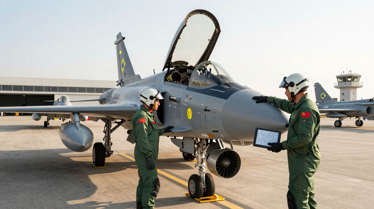 Dois pilotos em fatos verdes inspecionam um caça militar estacionado numa pista de aeroporto.