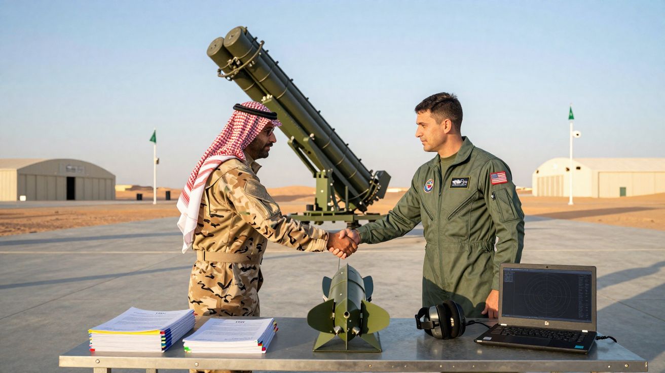 Militar árabe e piloto americano apertam as mãos diante de equipamento militar e computador num deserto.