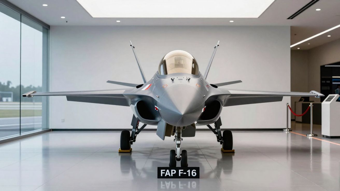 Caça FAP F-16 cinzento exposto em hangar com piso brilhante e janelas de vidro.