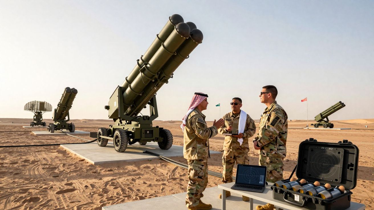 Três militares conversam junto a equipamentos bélicos e sistemas de defesa em área desértica sob céu limpo.