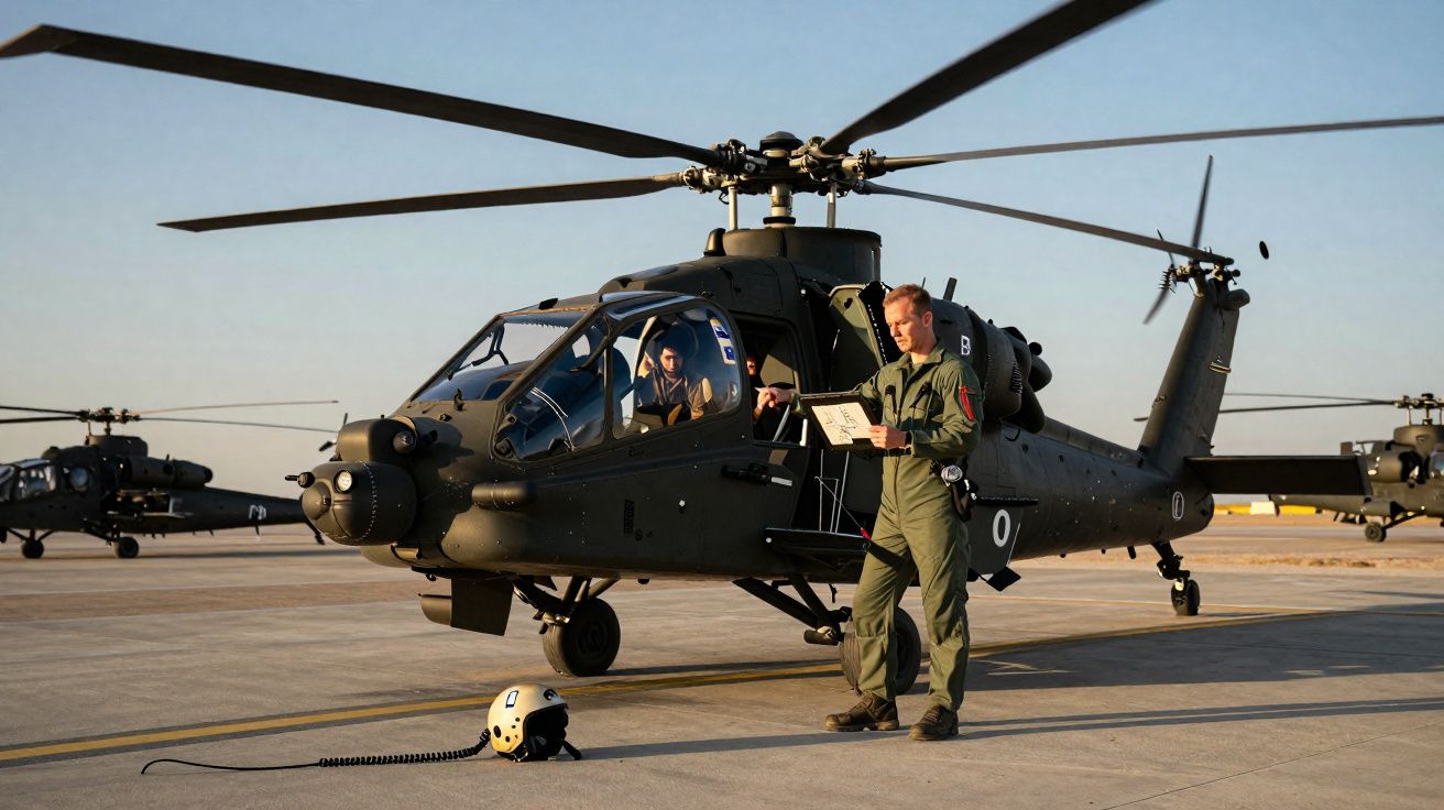 Helicóptero militar preto estacionado com um piloto e um tripulante em uniforme verde no aeroporto.