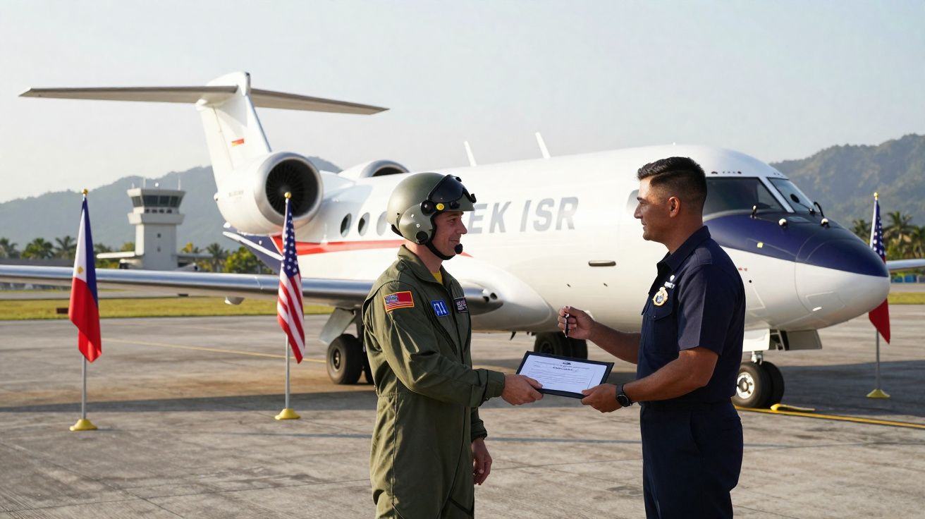 Dois militares trocando um certificado em frente a um avião numa pista com bandeiras.