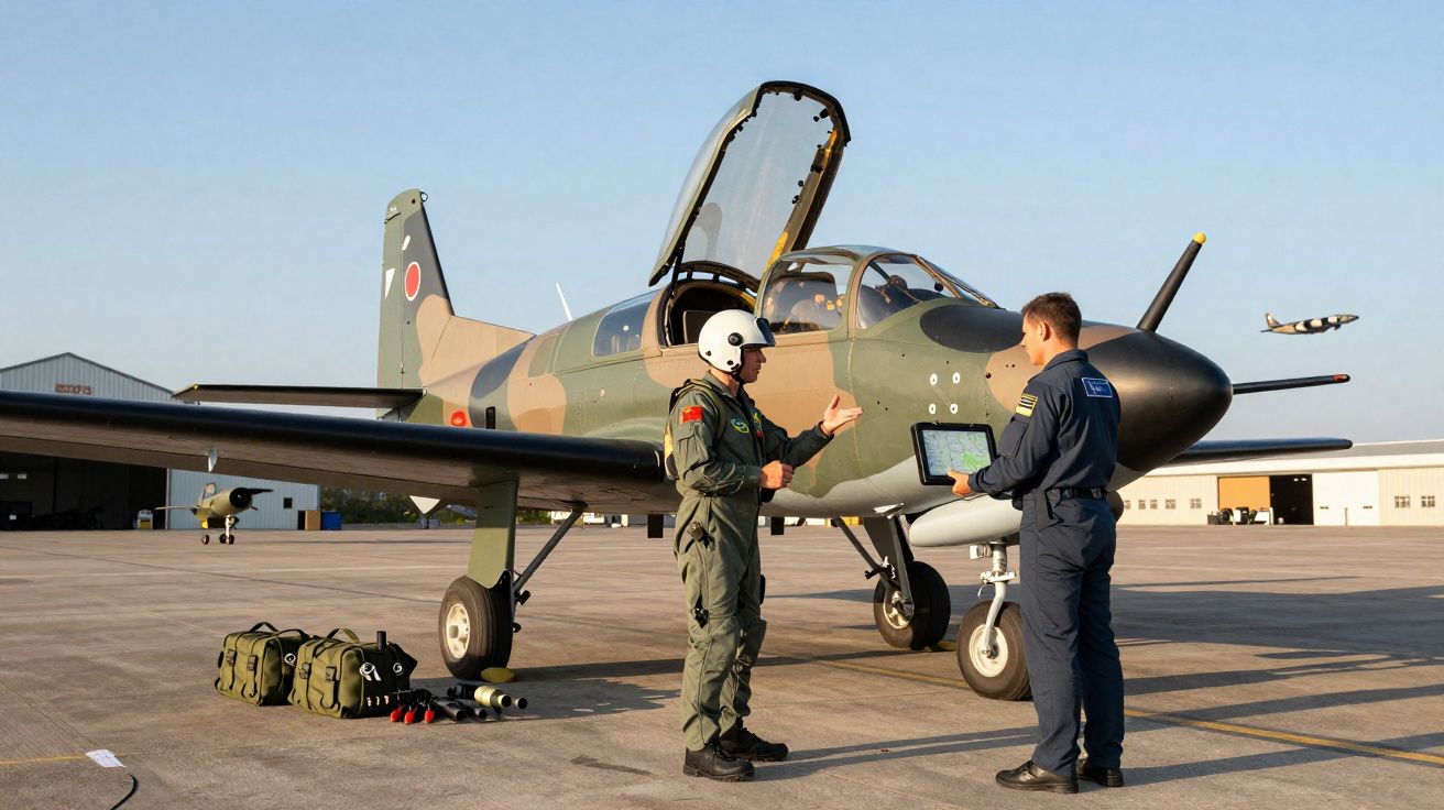 Dois pilotos junto a avião militar camuflado no pátio de hangar durante briefing pré-voo ao pôr do sol.