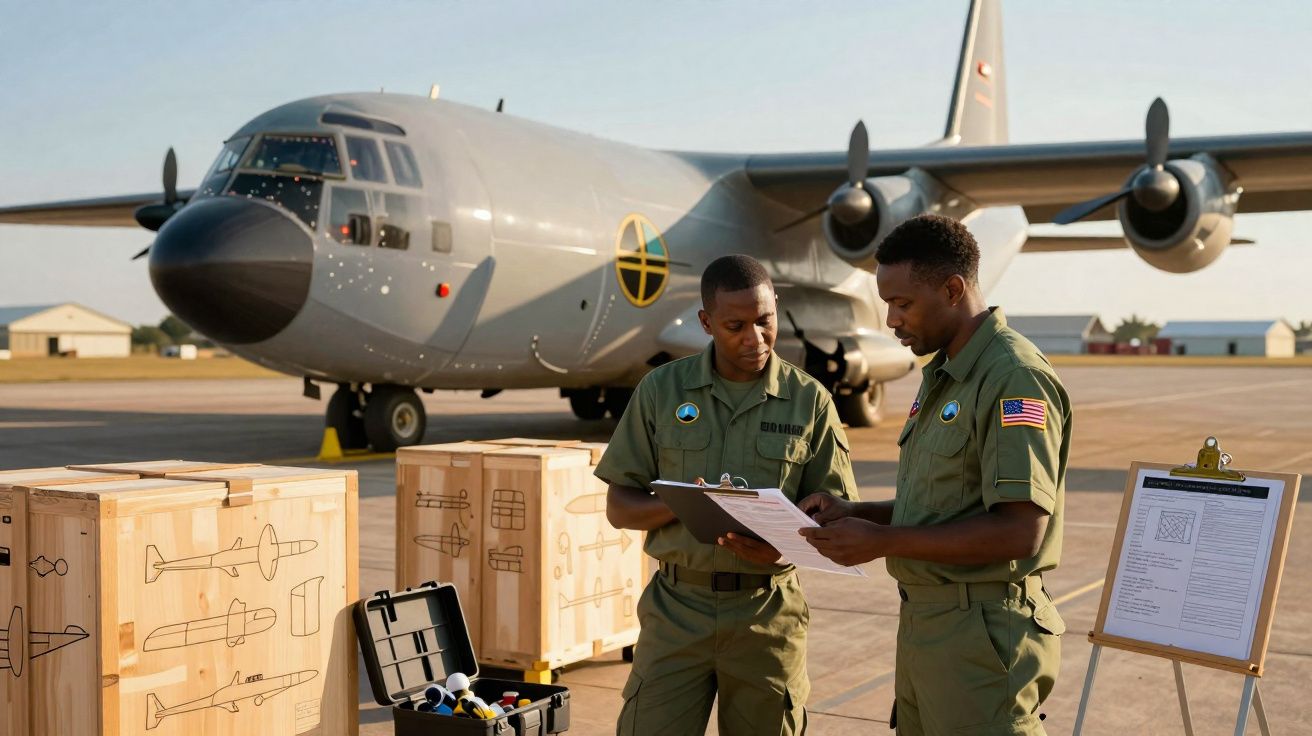Dois militares a verificar documentos ao lado de caixas com símbolos de armamento e avião militar no aeroporto.