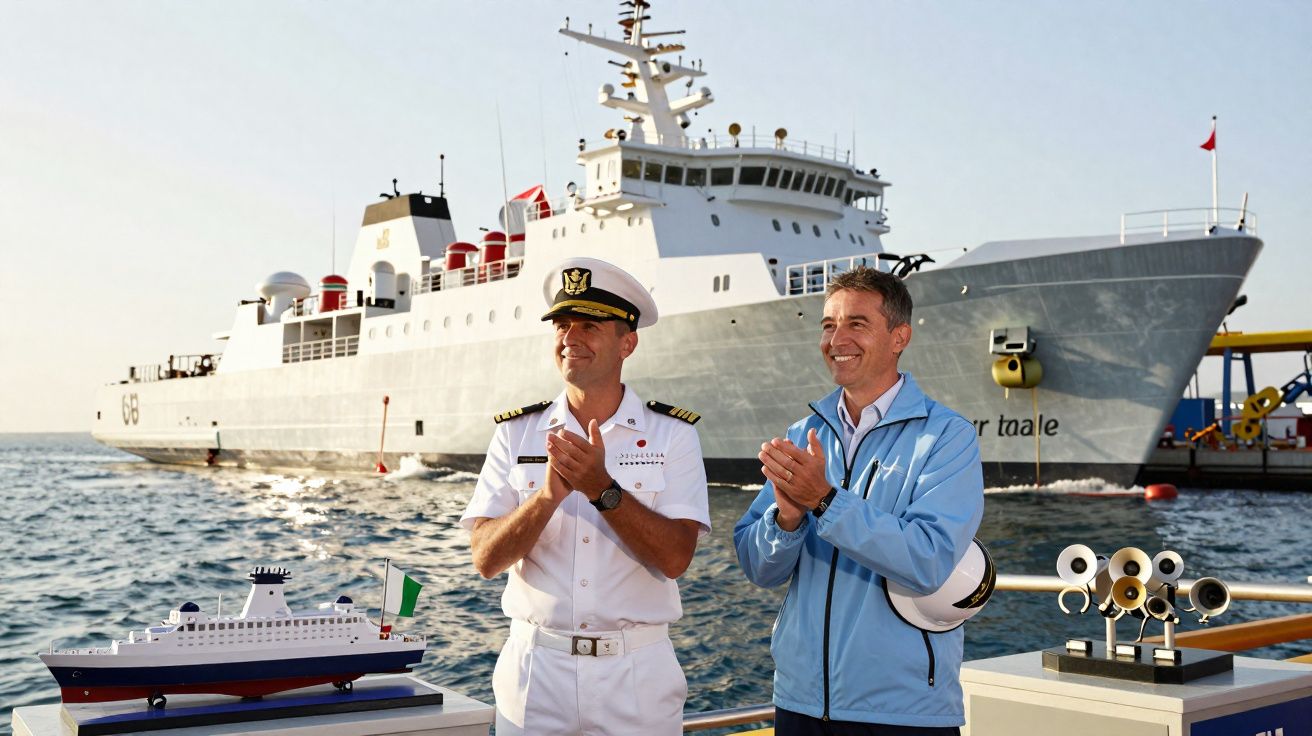 Dois homens a aplaudir em frente a um navio militar e modelos em miniatura no cais.
