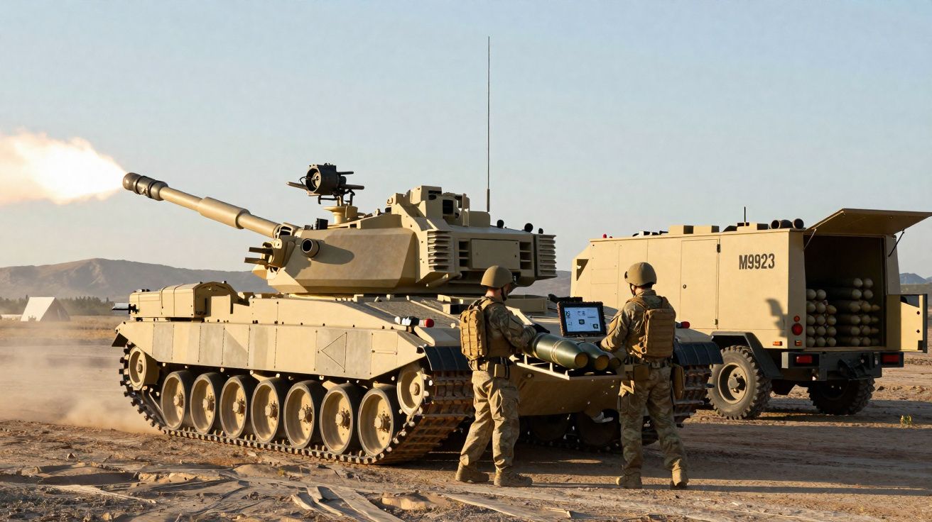 Tanque de guerra a disparar com dois soldados ao lado e veículo de munições num terreno árido.