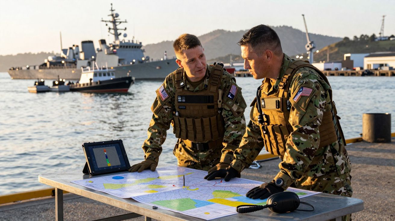 Dois soldados americanas em uniforme tático a analisar mapas numa mesa junto a um porto com navios militares ao fundo.
