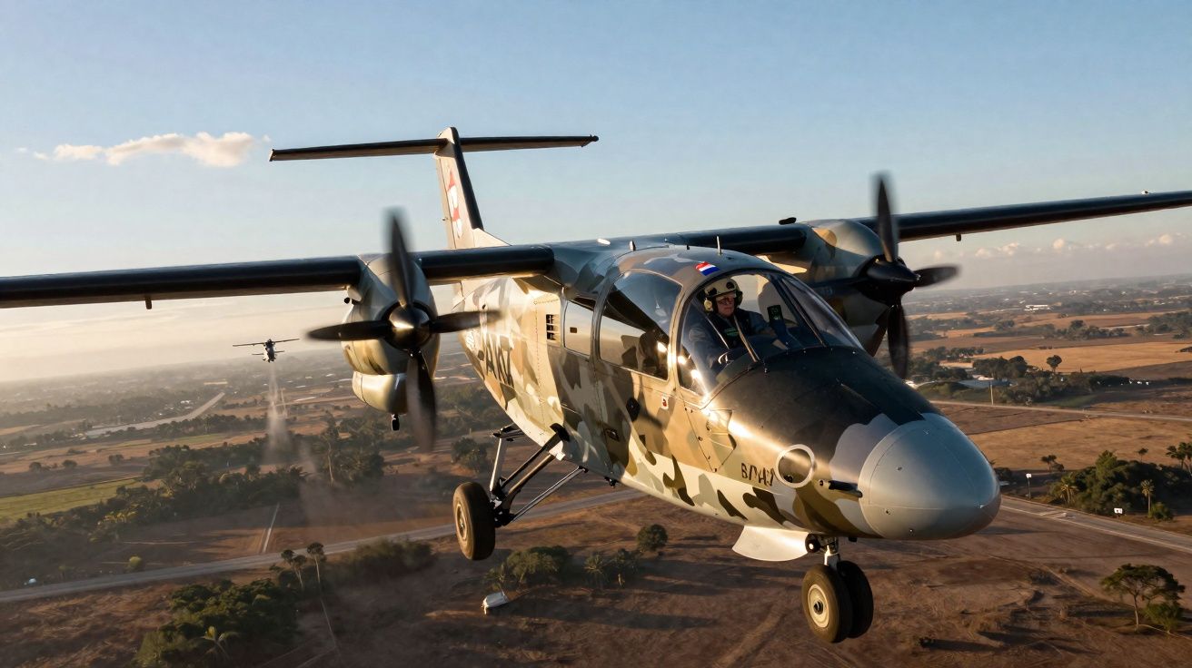 Avião militar de pequeno porte em voo baixo sobre terreno rural ao pôr do sol.