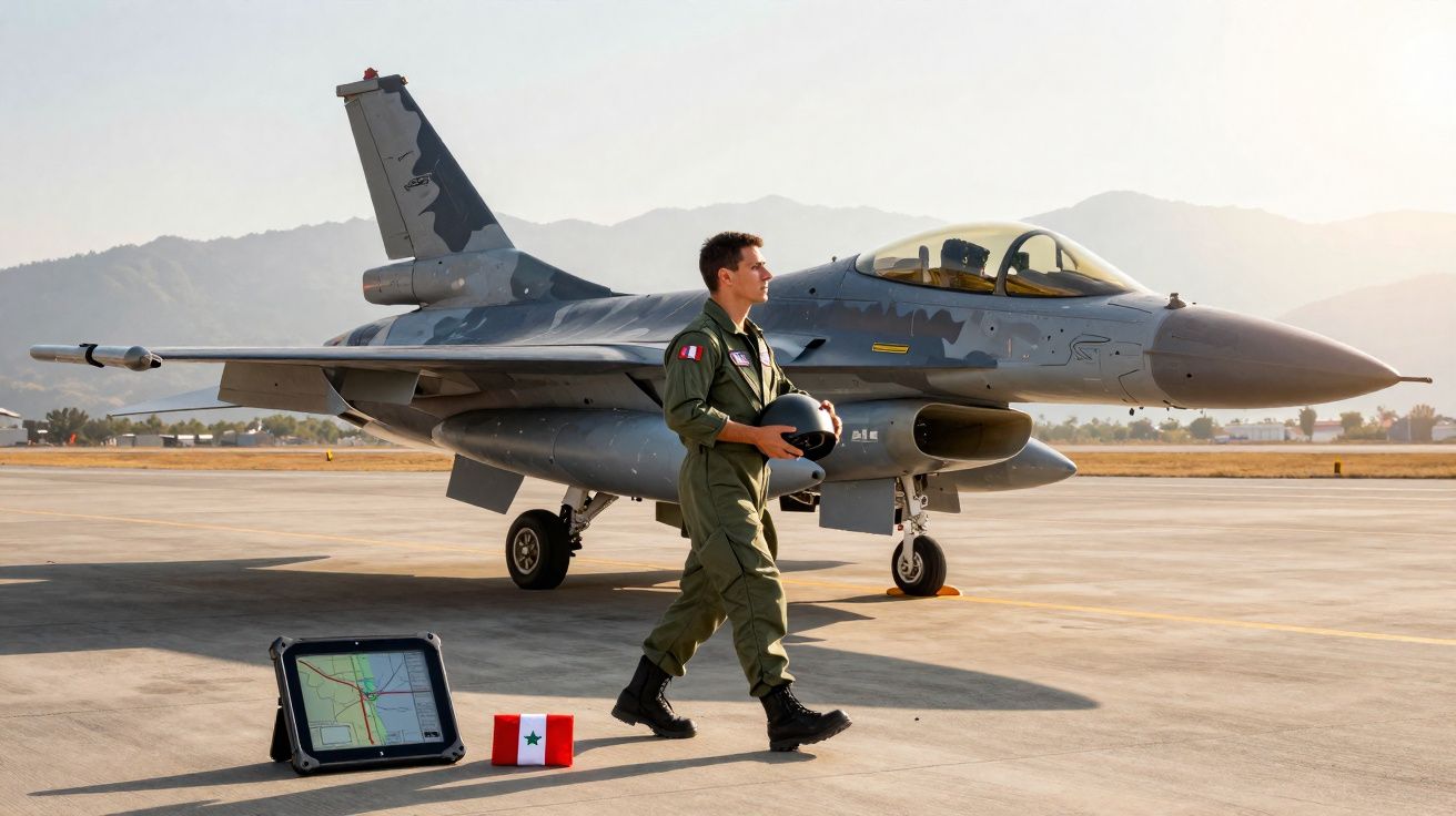 Piloto militar a andar junto a um caça F-16 numa pista de aeroporto com montanhas ao fundo.