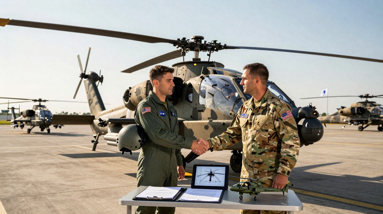 Dois militares apertam as mãos junto a helicóptero militar com mapas e maquete numa mesa ao ar livre.