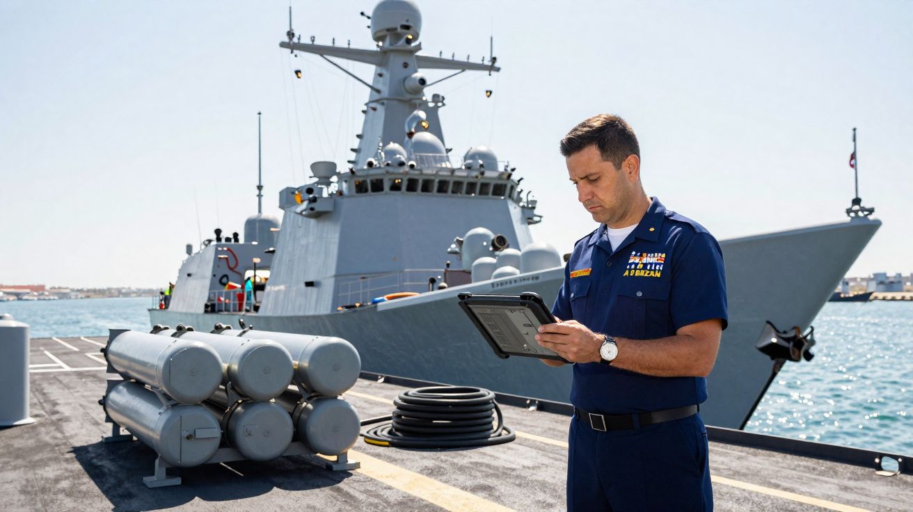 Militar naval com uniforme azul a usar tablet no convés de um navio de guerra ancorado no porto.