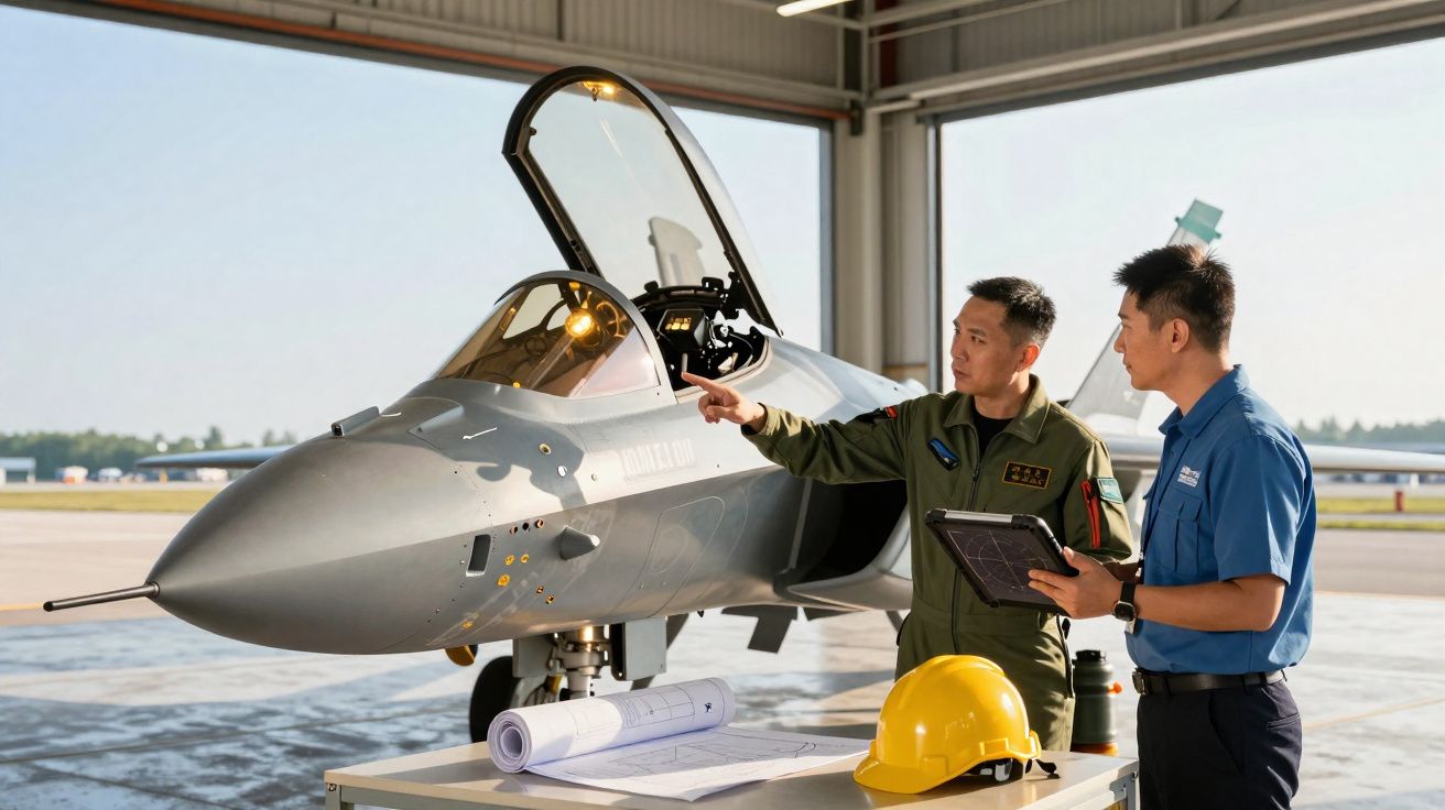 Dois homens analisam um jato de combate cinzento numa cadeira, com capacete amarelo e planos técnicos na mesa.