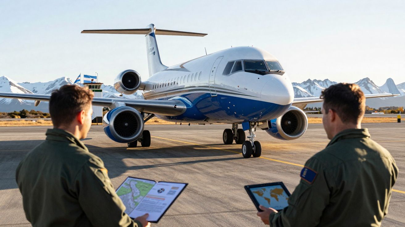 Dois pilotos em uniforme seguram tablets à frente de um jato privado estacionado no aeroporto com montanhas ao fundo.