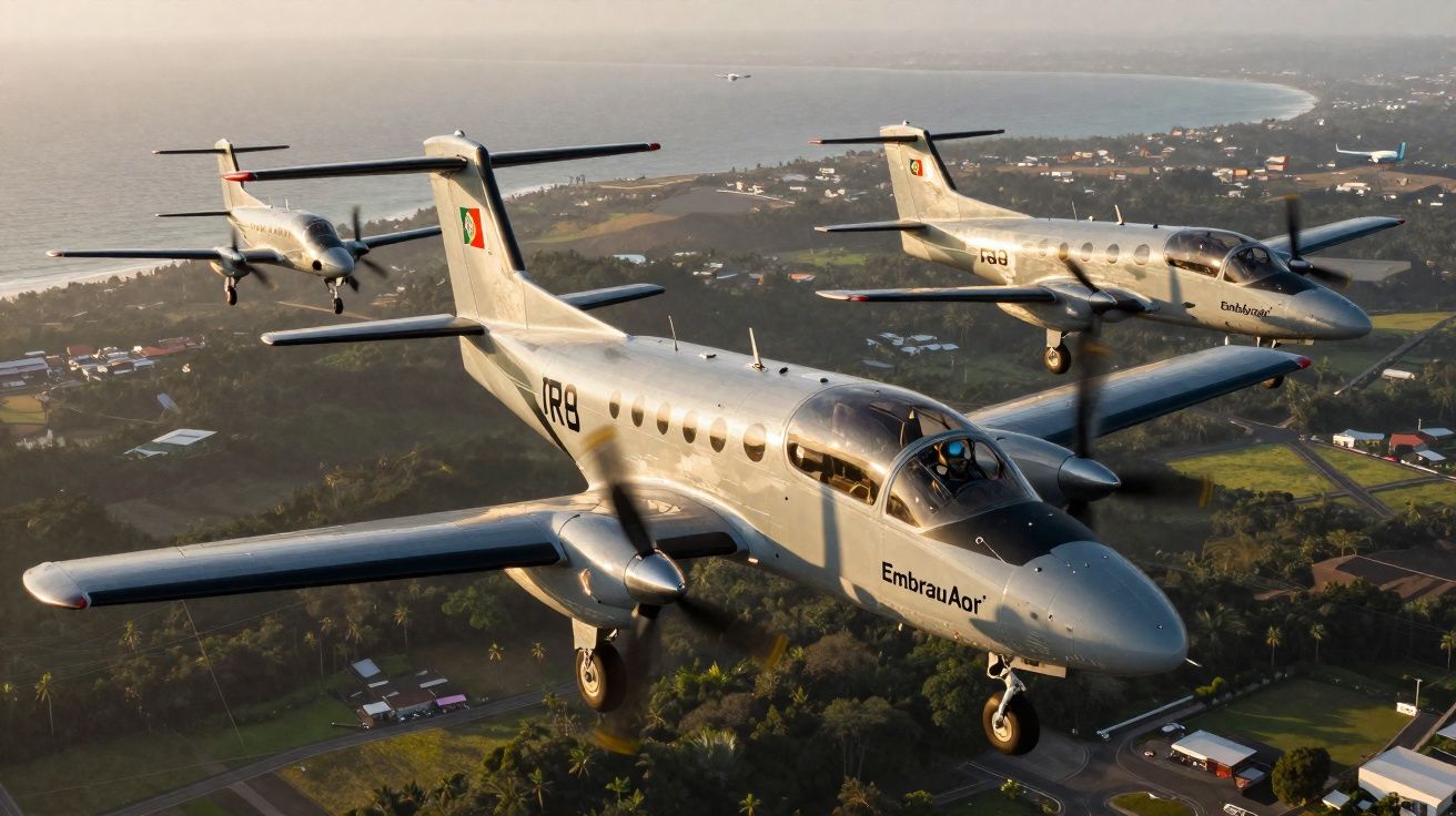 Três aviões Embraer EMB 110 Bandeirante em voo sobre área costeira com cidade e mar ao fundo.