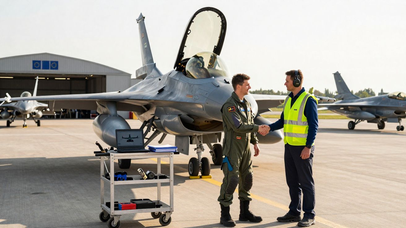 Dois homens cumprimentam-se junto a um caça militar estacionado num aeródromo com hangar ao fundo.