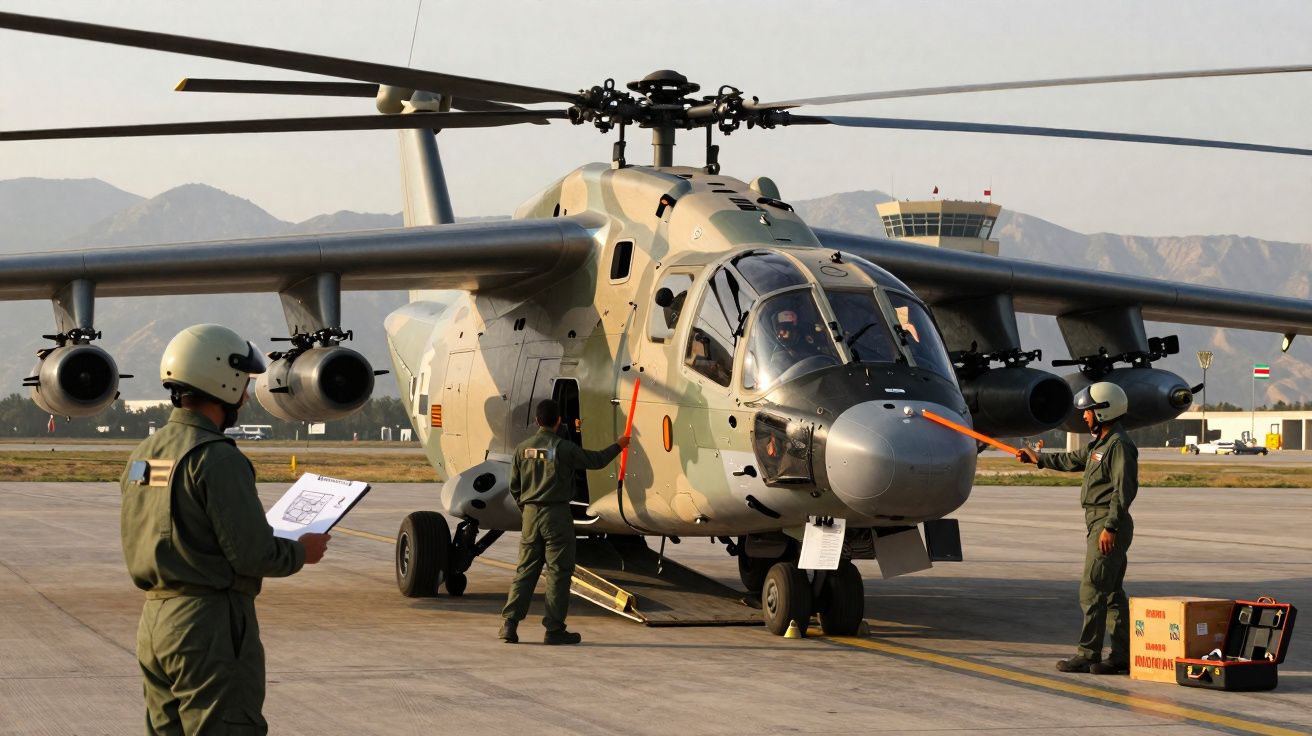 Helicóptero militar camuflado com tripulação a realizar inspeção na pista de aeroporto com montanhas ao fundo.