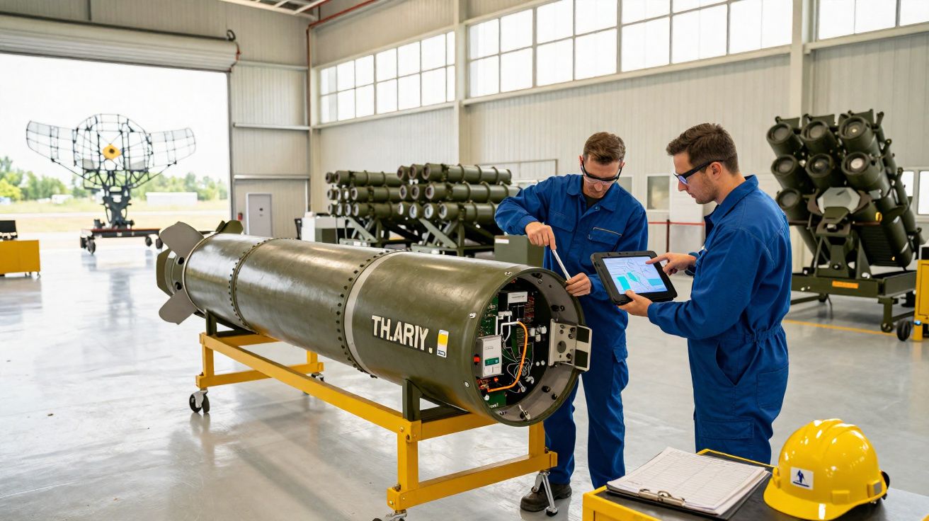 Dois técnicos em macacão azul trabalham na manutenção de míssil militar dentro de hangar.