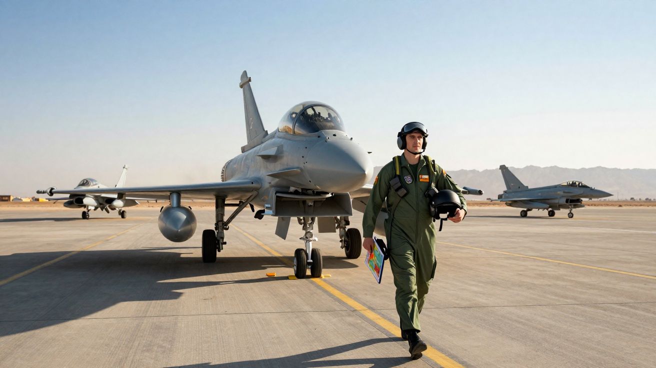 Piloto militar com fato verde e capacete na mão caminha junto a aviões de caça estacionados numa pista de descolagem.