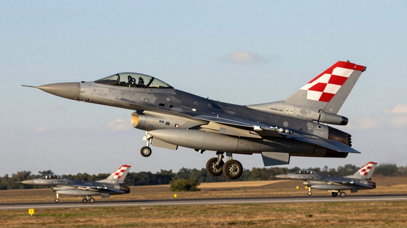 Caça F-16 da Força Aérea Croata a levantar voo em pista com dois caças no chão ao fundo.