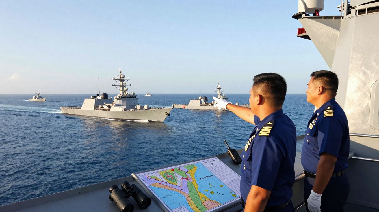 Dois oficiais navais observam e apontam para quatro navios militares no mar aberto durante operação marítima.
