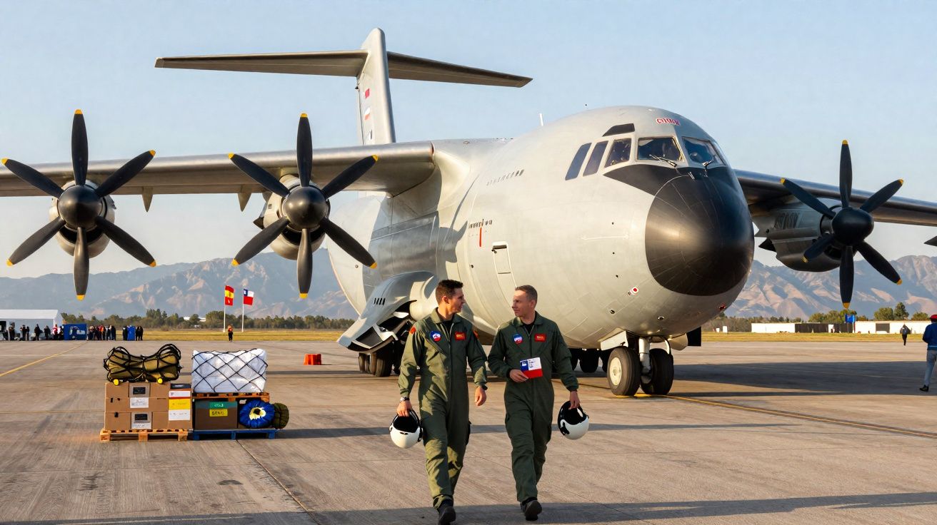 Dois pilotos em fato verde caminhando junto a um avião militar de transporte com quatro hélices no aeroporto.