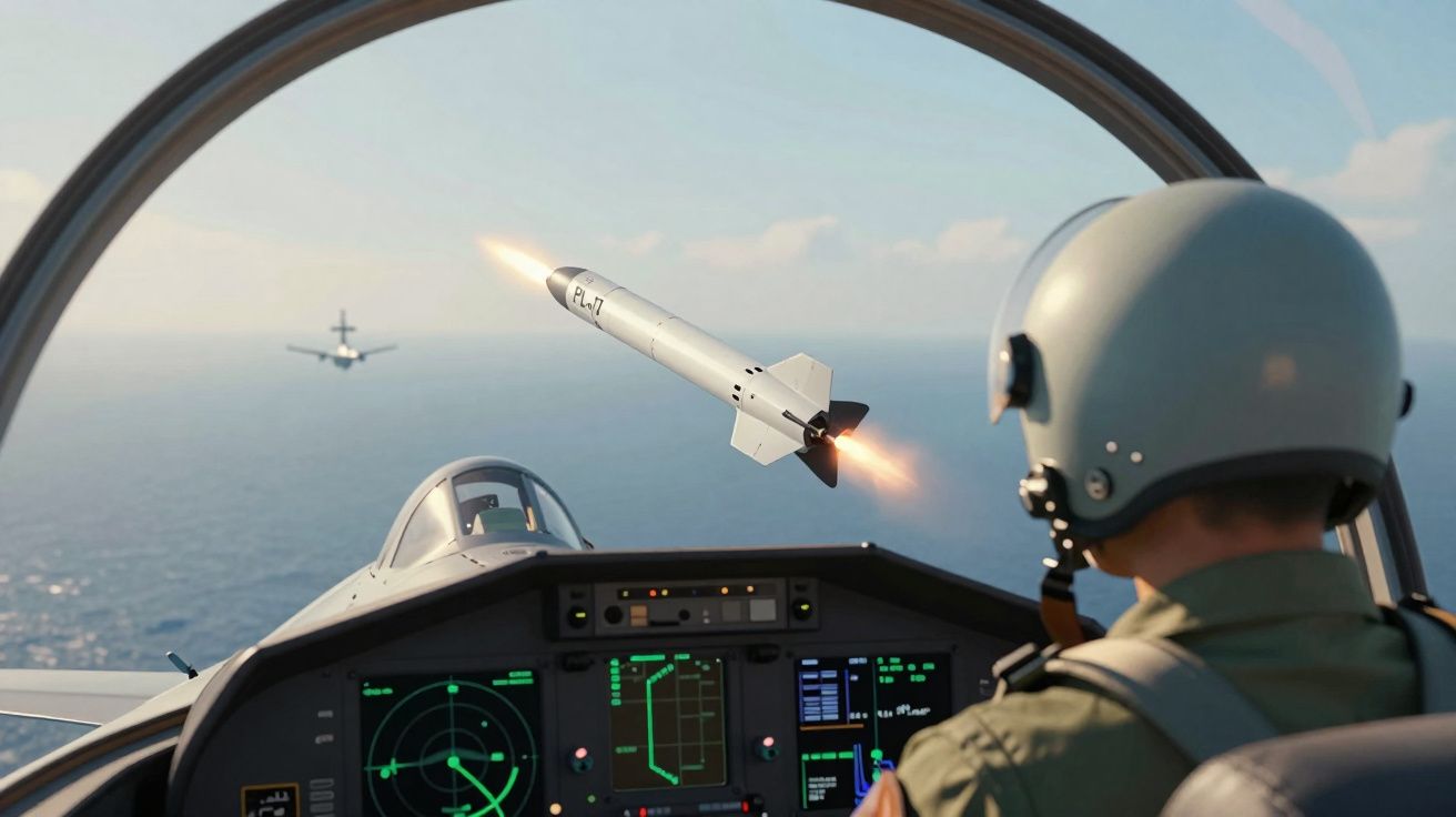 Vista do cockpit de um avião militar, com piloto e míssil a ser lançado sobre o mar.