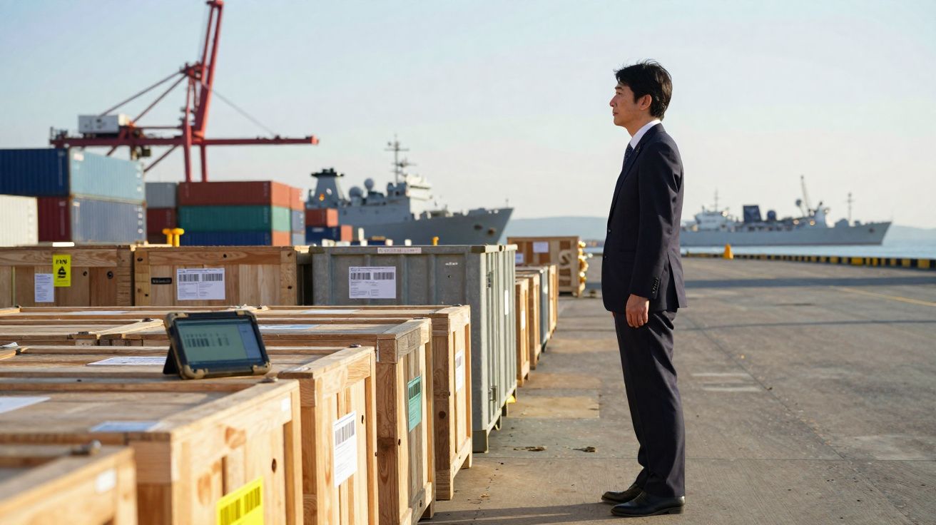 Homem de fato em doca observa contentores e navios ao fundo numa zona portuária.