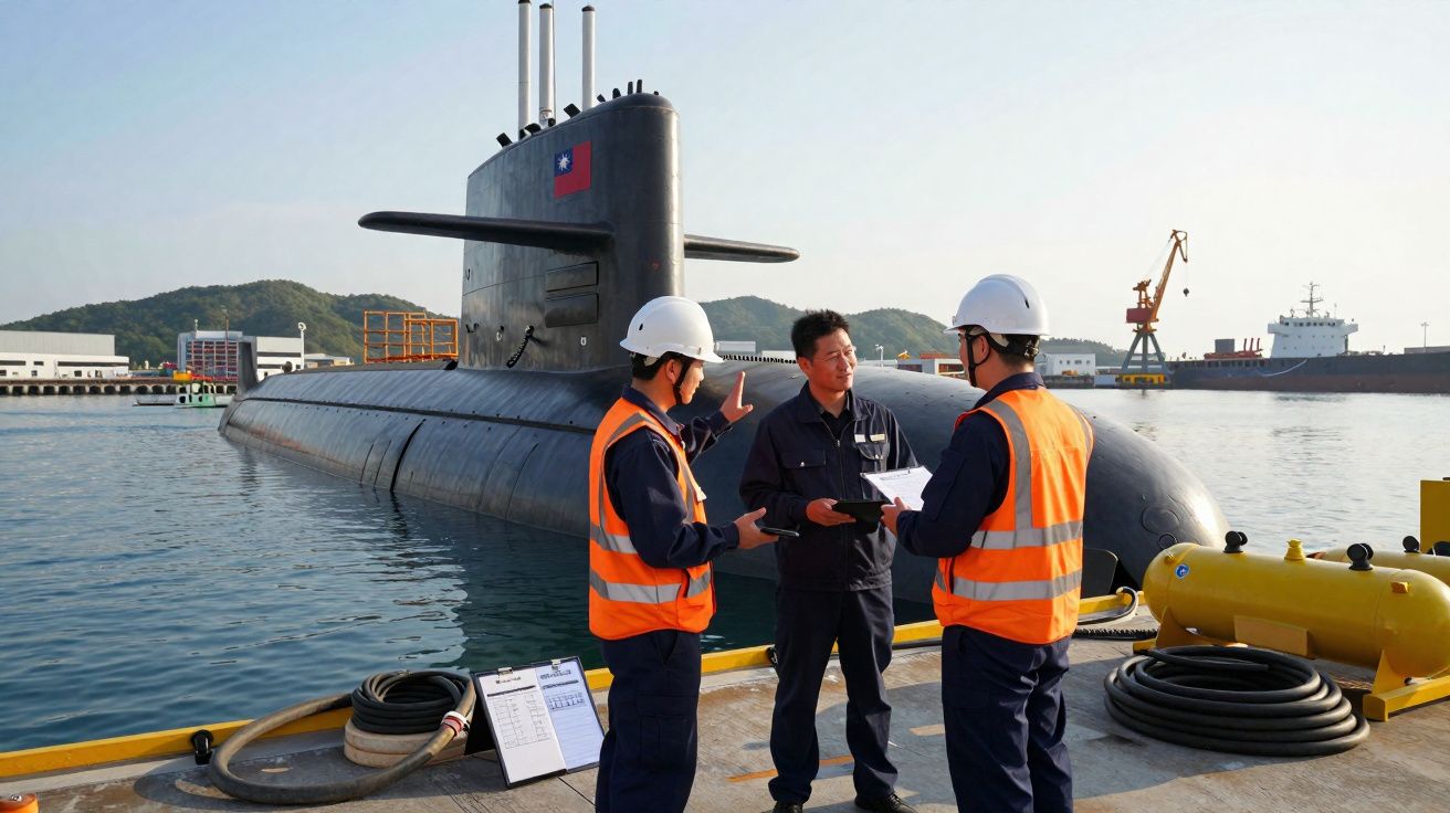Três trabalhadores com capacetes e coletes laranja conversam num cais junto a um submarino com a bandeira de Taiwan.