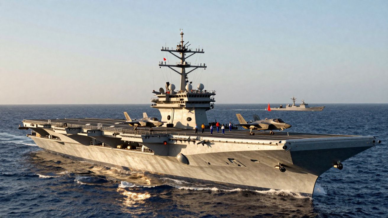 Porta-aviões militar cinzento com caças na plataforma, navegando em mar calmo ao pôr do sol.